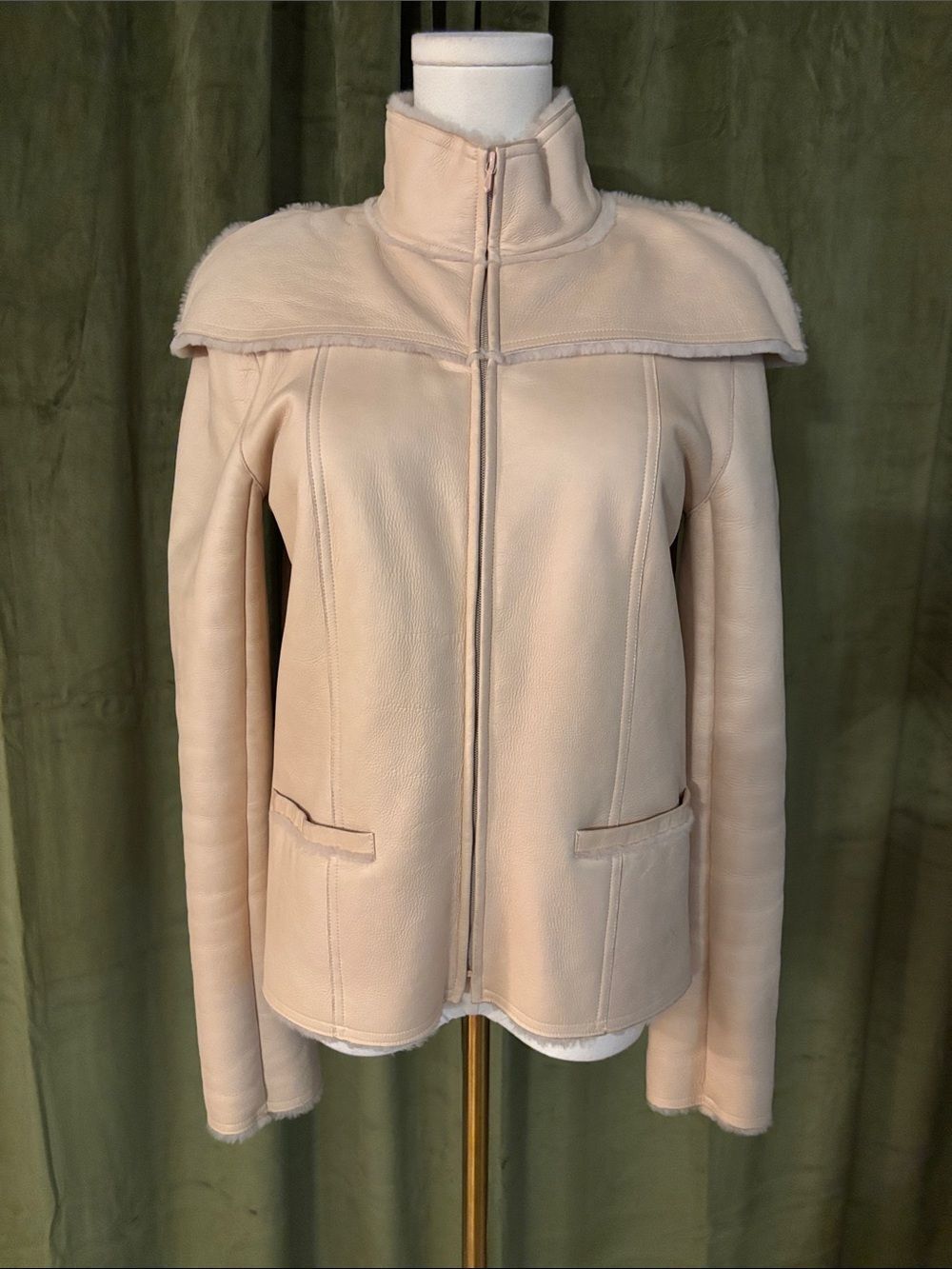 CHANEL Cream Shearling Zip Leather Jacket, US4
